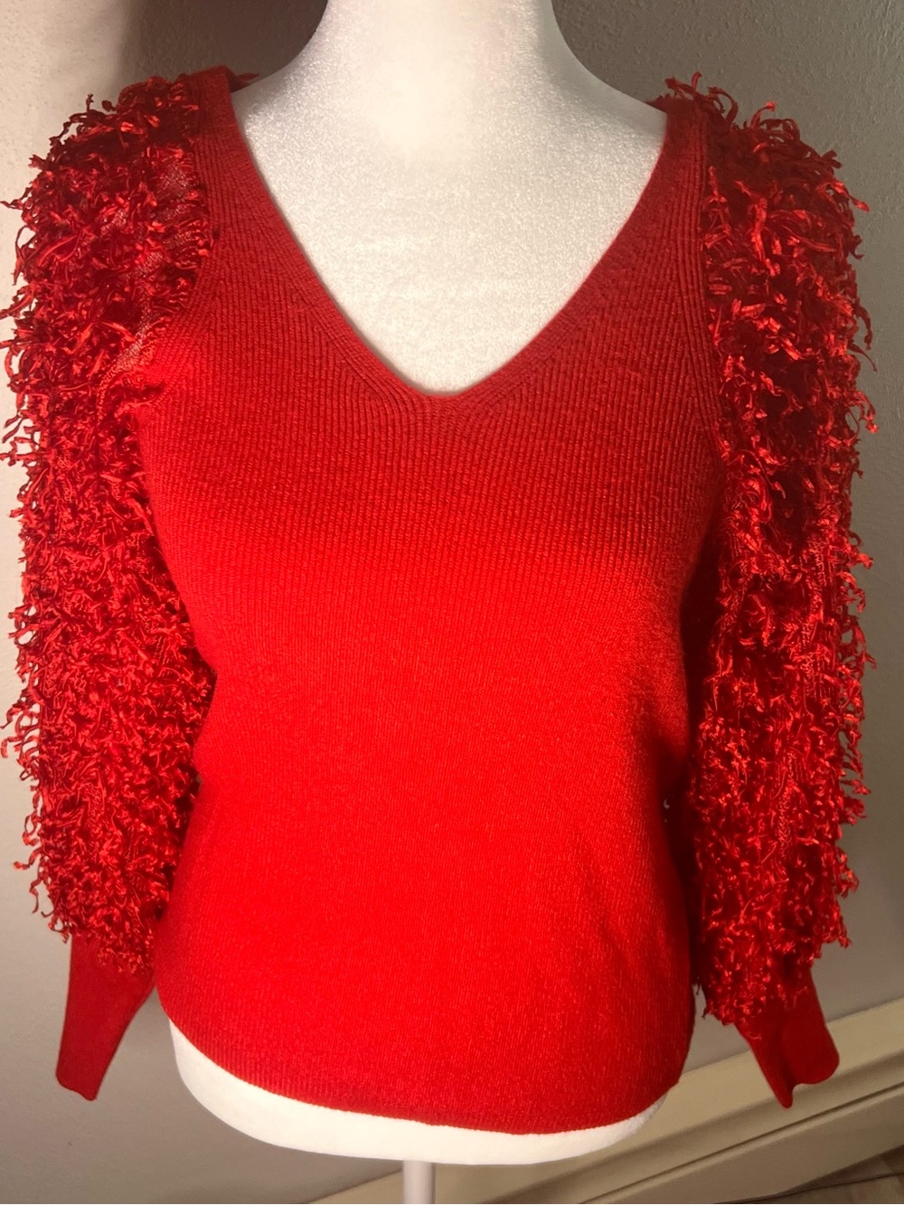 Sioni Red V-Neck Sweater with Shag Textured Sleeves